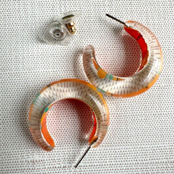 Mod Lucite Hoop Earrings Orange & Blue 1.25" Retro Minimalist Style - Picture 6 of 6